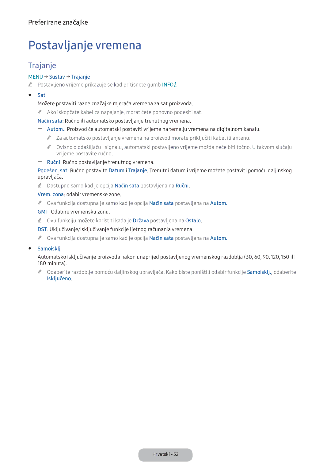 Samsung LV32F390FEIXEN manual Postavljanje vremena, Menu → Sustav → Trajanje, Samoisklj 