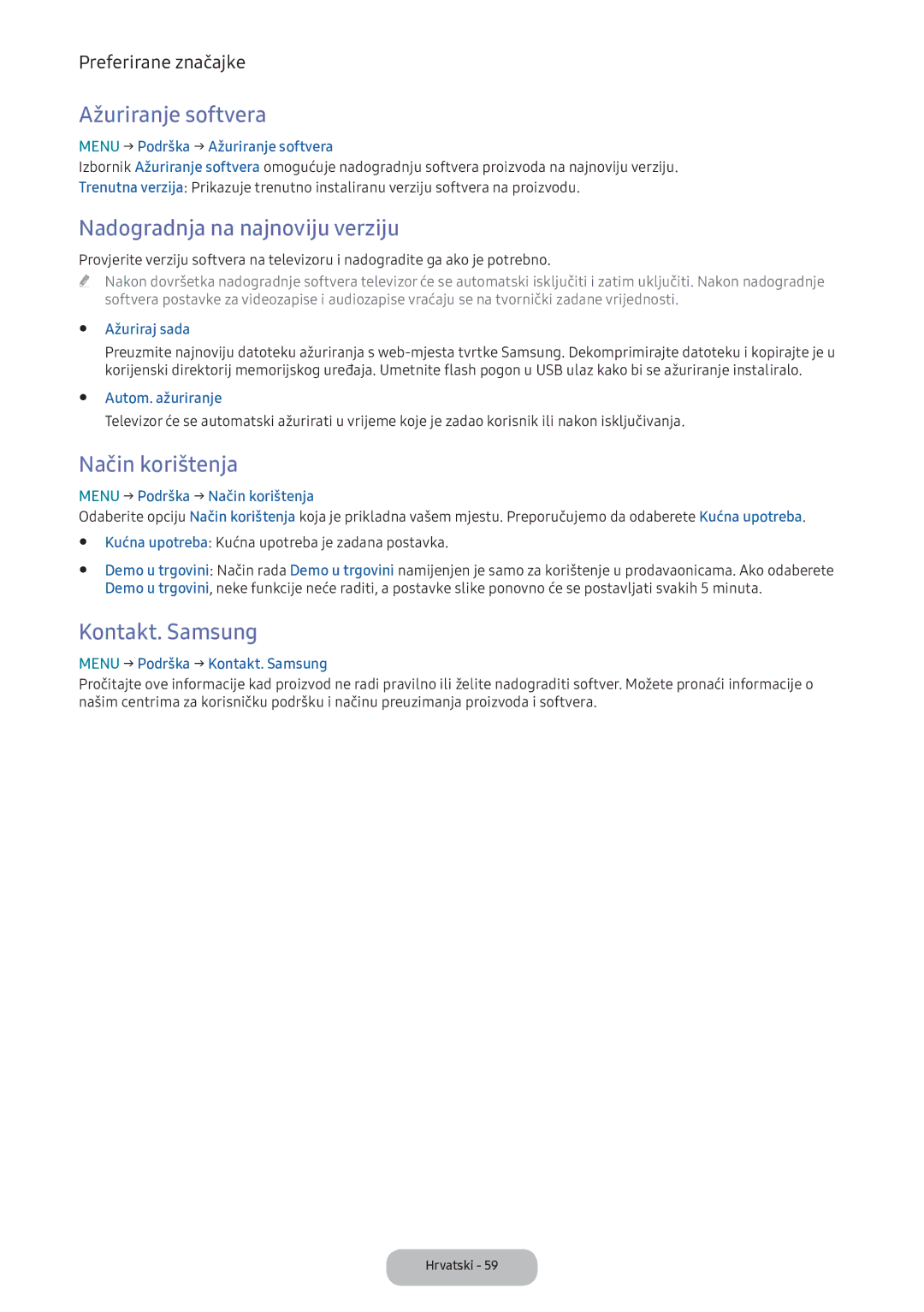 Samsung LV32F390FEIXEN manual Ažuriranje softvera, Nadogradnja na najnoviju verziju, Način korištenja, Kontakt. Samsung 