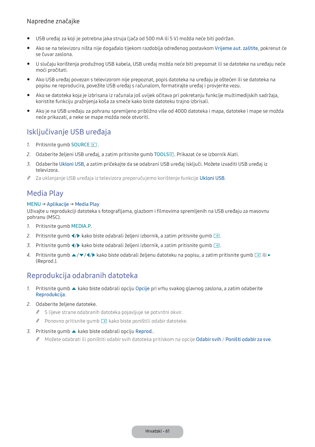 Samsung LV32F390FEIXEN manual Isključivanje USB uređaja, Media Play, Reprodukcija odabranih datoteka 