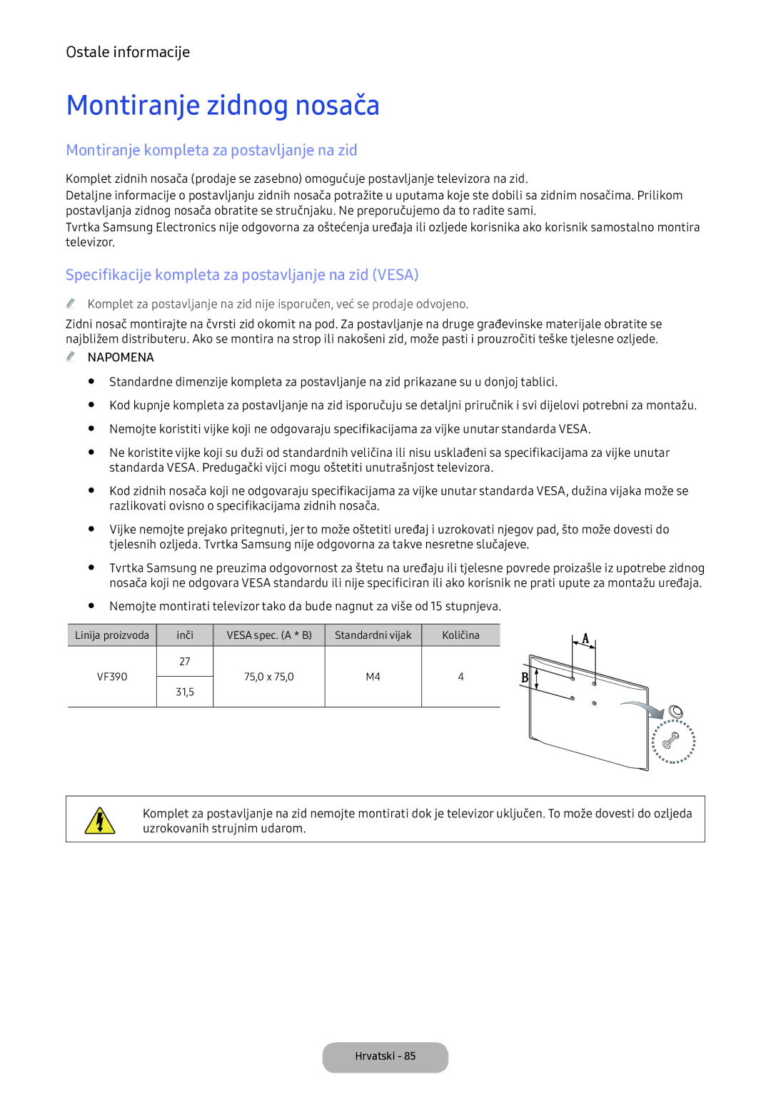 Samsung LV32F390FEIXEN manual Montiranje zidnog nosača, Montiranje kompleta za postavljanje na zid 