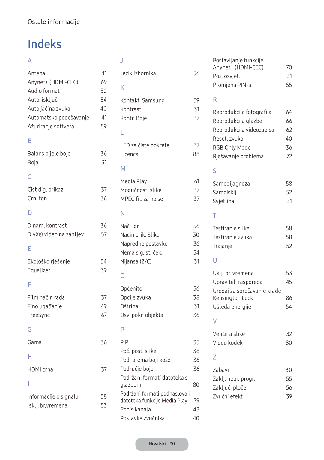 Samsung LV32F390FEIXEN manual Indeks, 31 U 