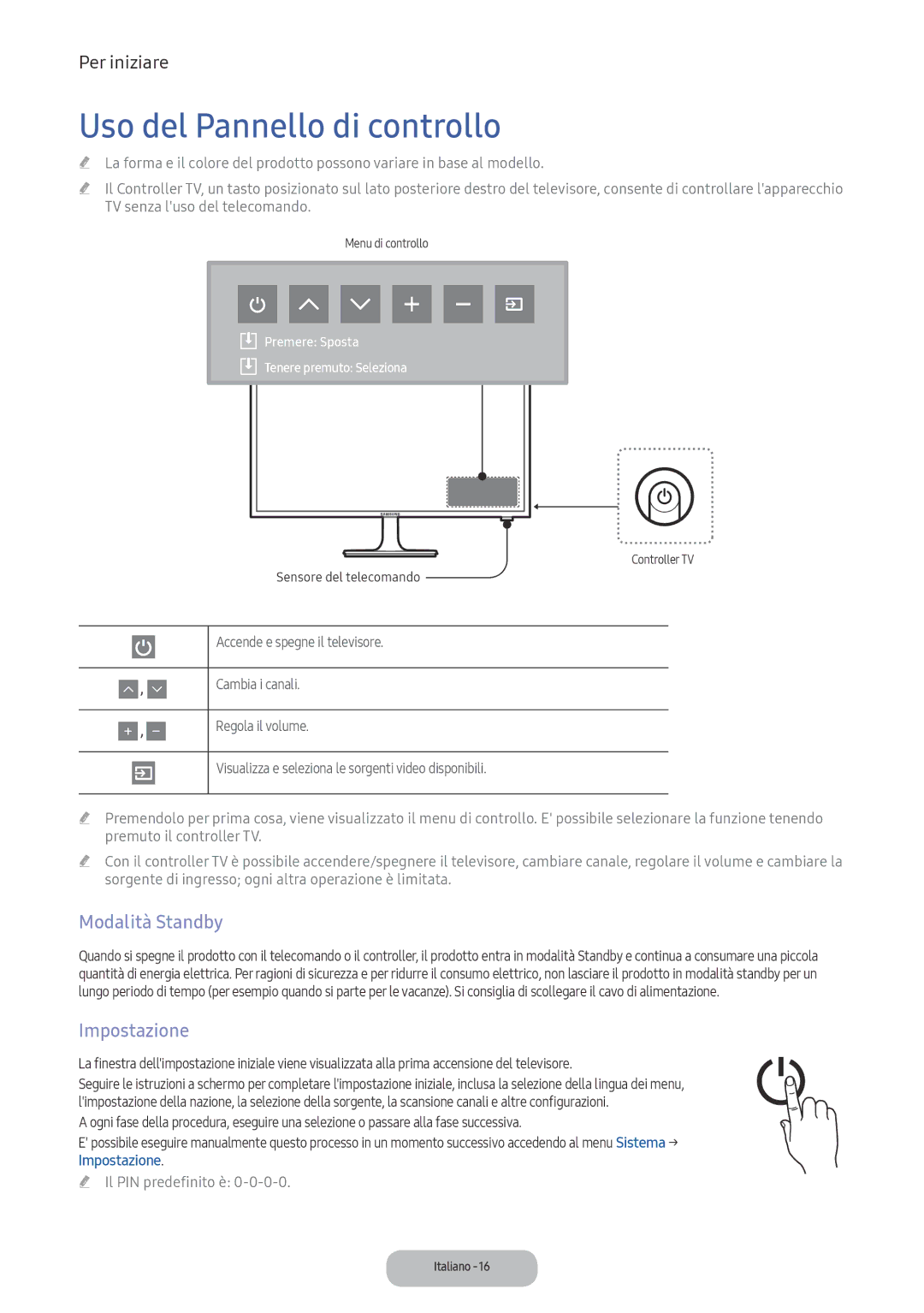 Samsung LV32F390FEIXEN, LV32F390FEWXEN, LV27F390FEIXEN manual Uso del Pannello di controllo, Modalità Standby, Impostazione 