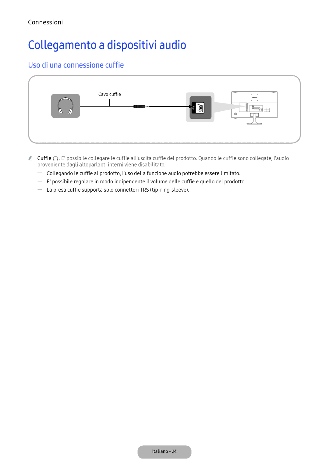 Samsung LV32F390FEWXEN, LV32F390FEIXEN, LV27F390FEIXEN manual Collegamento a dispositivi audio, Uso di una connessione cuffie 