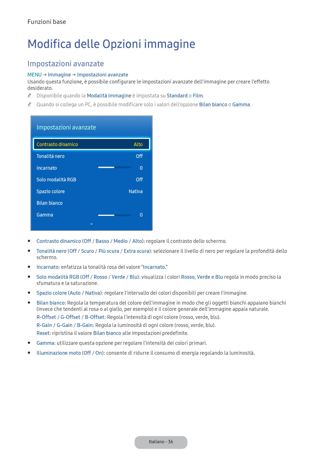 Samsung LV32F390FEWXEN, LV32F390FEIXEN manual Modifica delle Opzioni immagine, Menu → Immagine → Impostazioni avanzate 