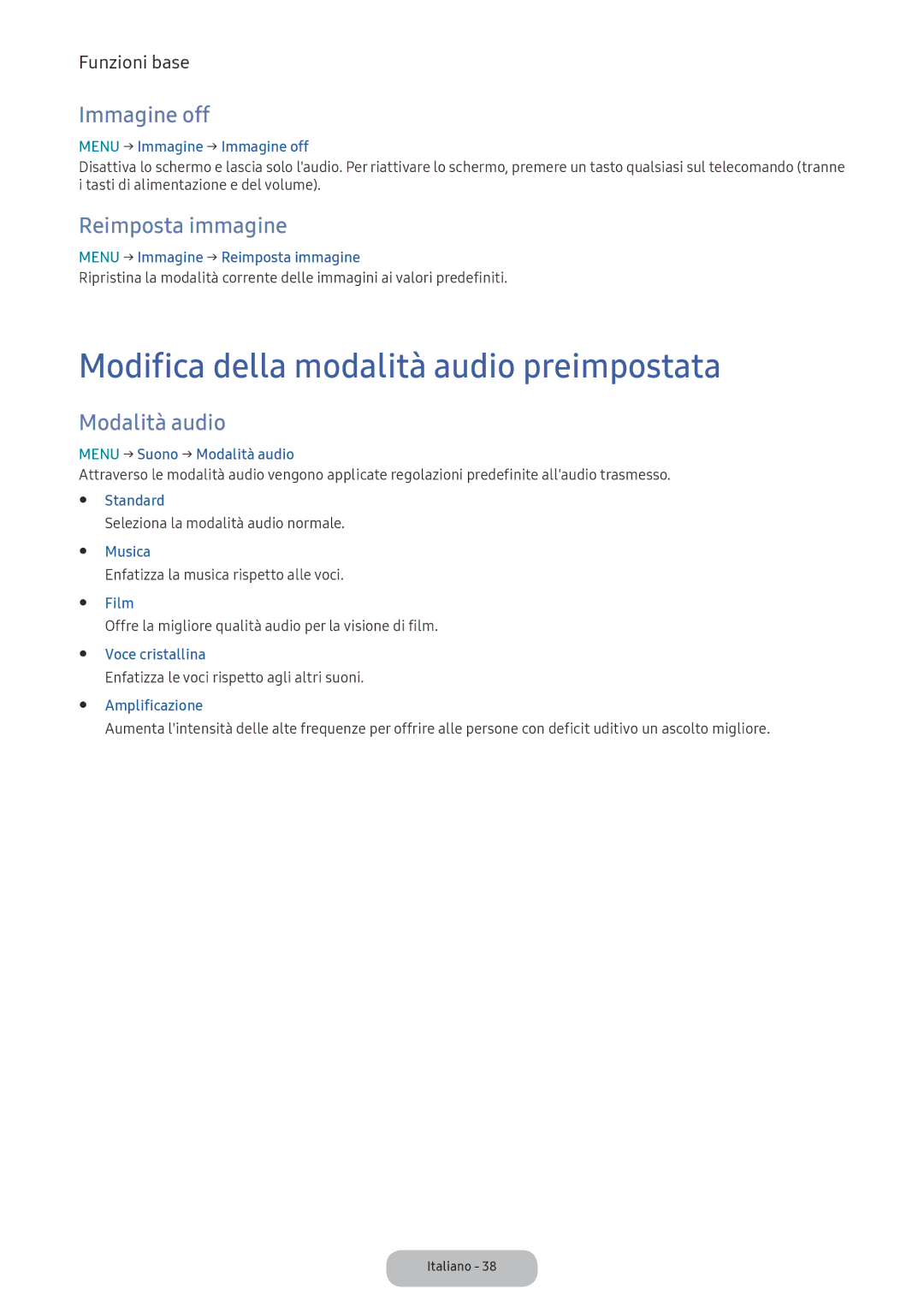 Samsung LV27F390FEIXEN manual Modifica della modalità audio preimpostata, Immagine off, Reimposta immagine, Modalità audio 