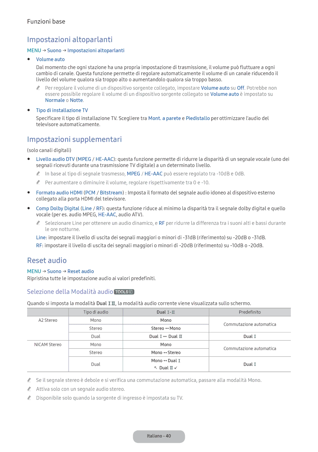 Samsung LV32F390FEIXEN Impostazioni altoparlanti, Impostazioni supplementari, Reset audio, Selezione della Modalità audiot 