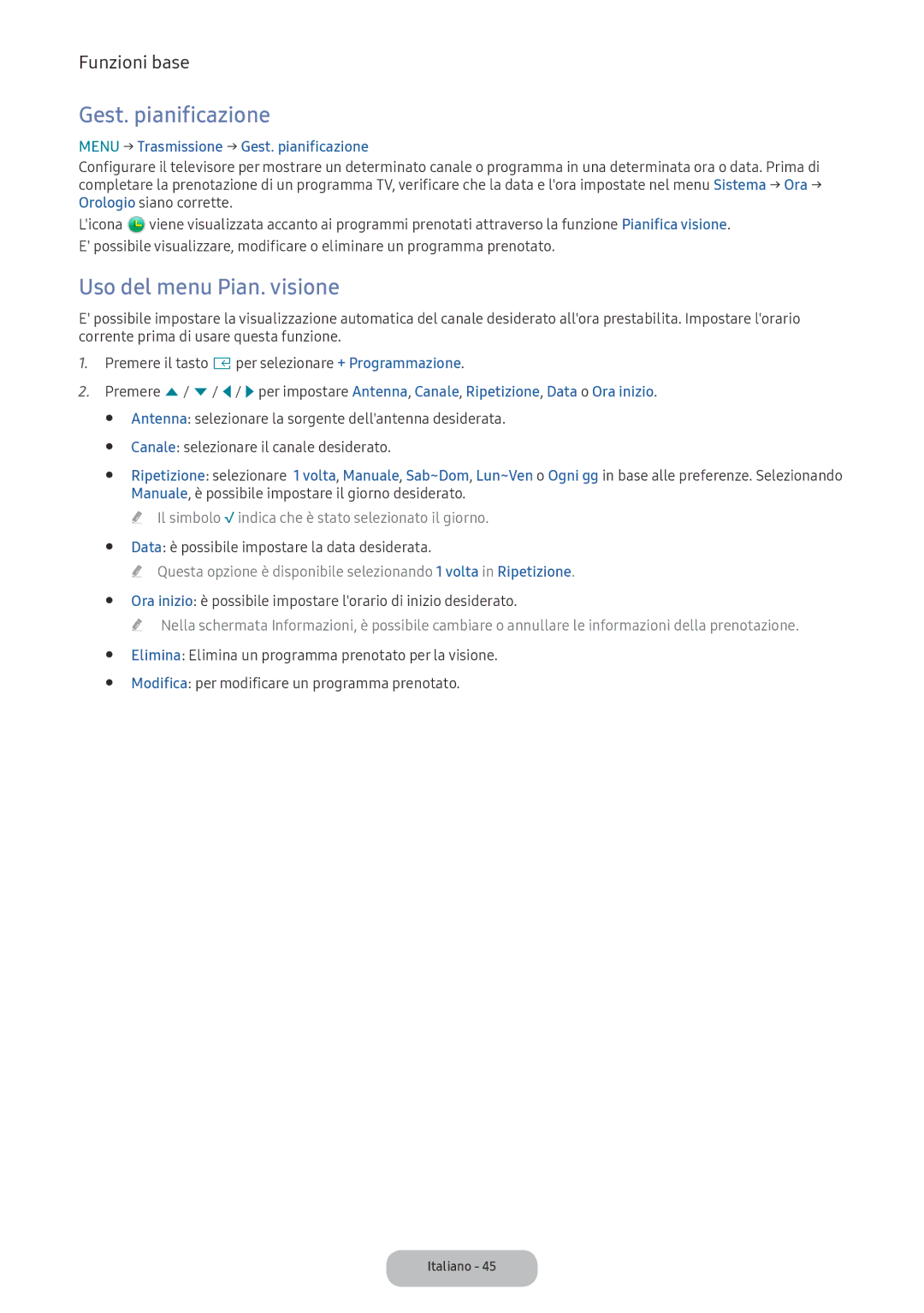 Samsung LV32F390FEWXEN, LV32F390FEIXEN manual Uso del menu Pian. visione, Menu → Trasmissione → Gest. pianificazione 