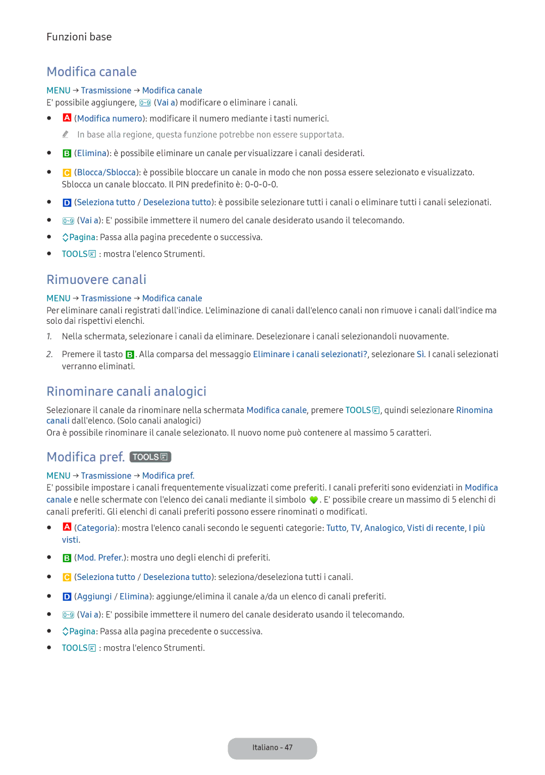 Samsung LV27F390FEIXEN, LV32F390FEWXEN Modifica canale, Rimuovere canali, Rinominare canali analogici, Modifica pref. t 