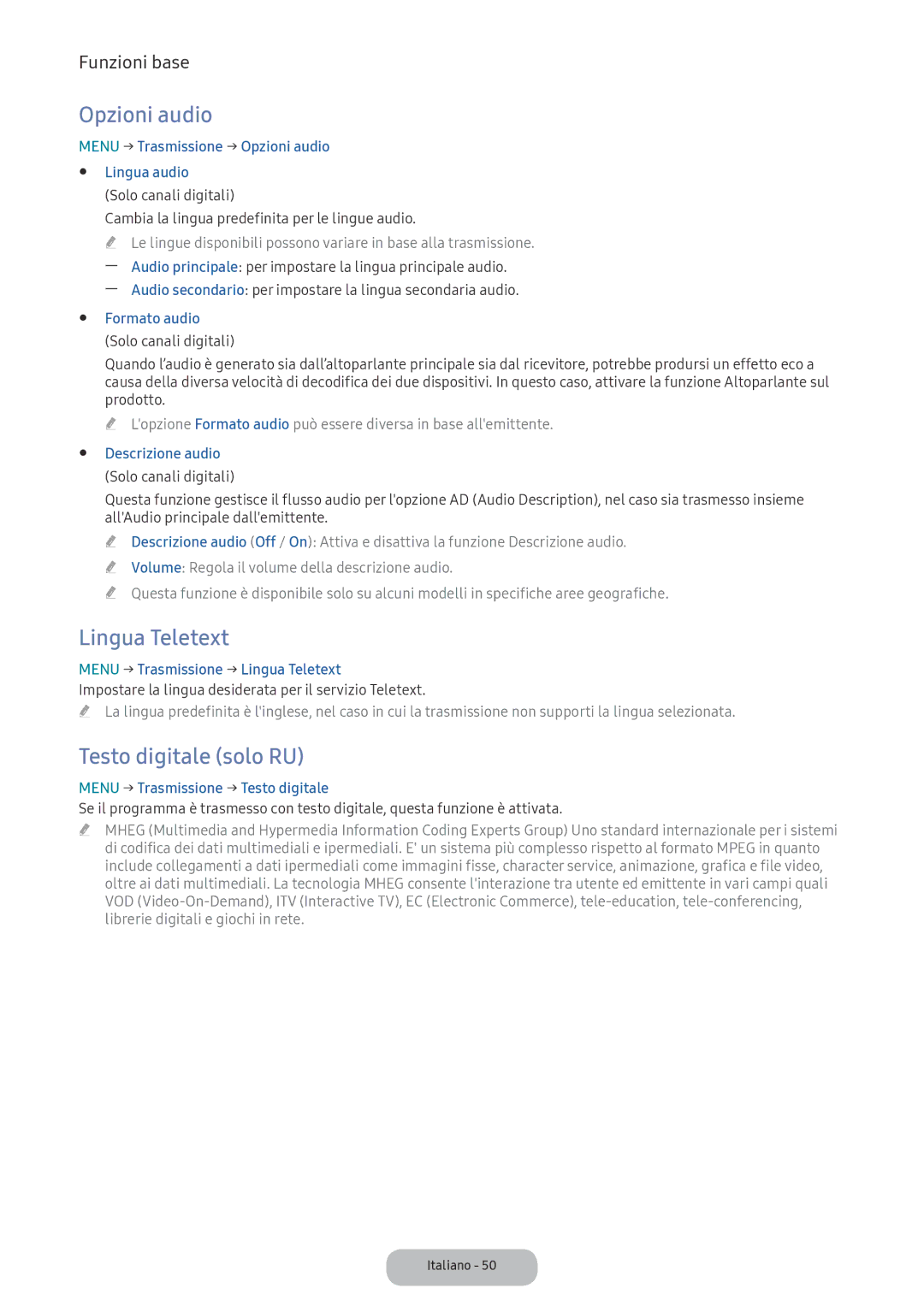 Samsung LV27F390FEIXEN, LV32F390FEWXEN, LV32F390FEIXEN manual Opzioni audio, Lingua Teletext, Testo digitale solo RU 