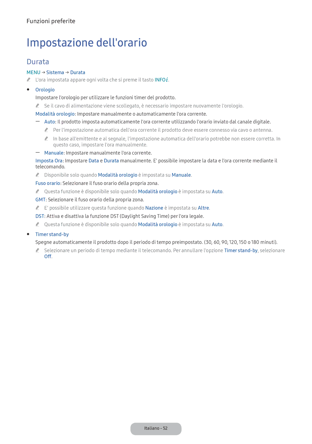 Samsung LV32F390FEIXEN, LV32F390FEWXEN manual Impostazione dellorario, Menu → Sistema → Durata, Orologio, Timer stand-by 