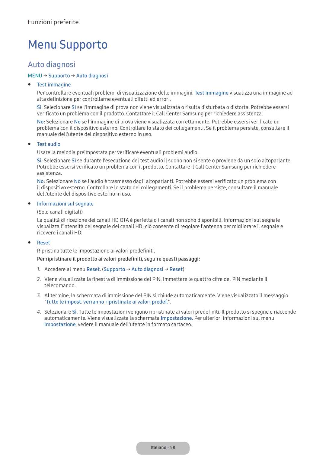 Samsung LV32F390FEIXEN, LV32F390FEWXEN, LV27F390FEIXEN manual Menu Supporto, Auto diagnosi 