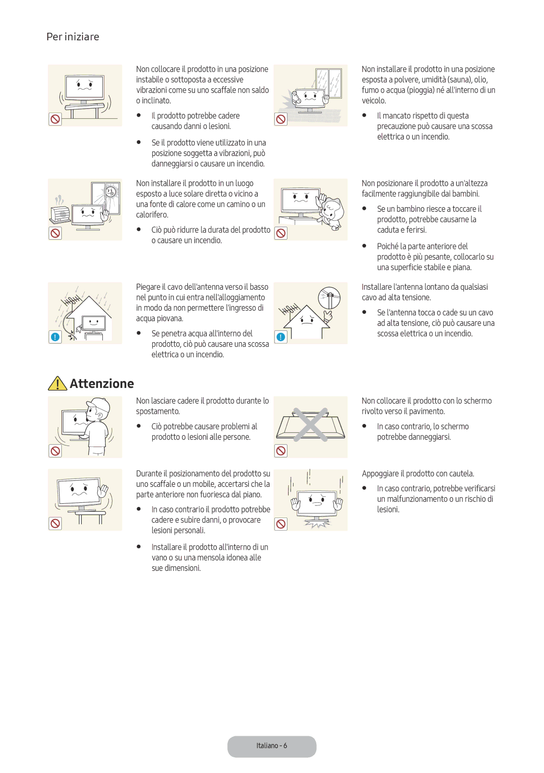 Samsung LV32F390FEWXEN manual Non lasciare cadere il prodotto durante lo spostamento, Lesioni personali, Sue dimensioni 