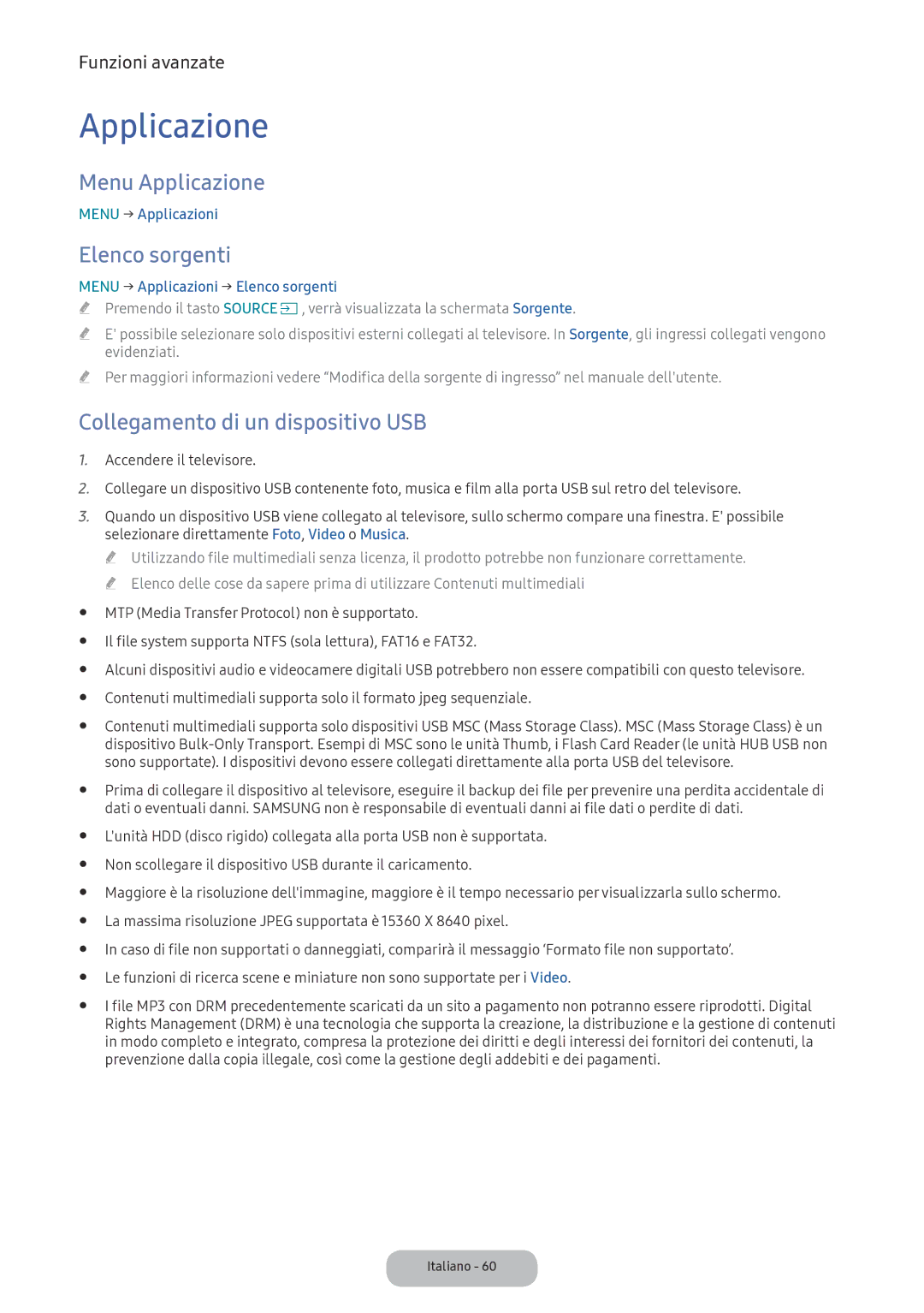 Samsung LV32F390FEWXEN, LV32F390FEIXEN manual Menu Applicazione, Elenco sorgenti, Collegamento di un dispositivo USB 