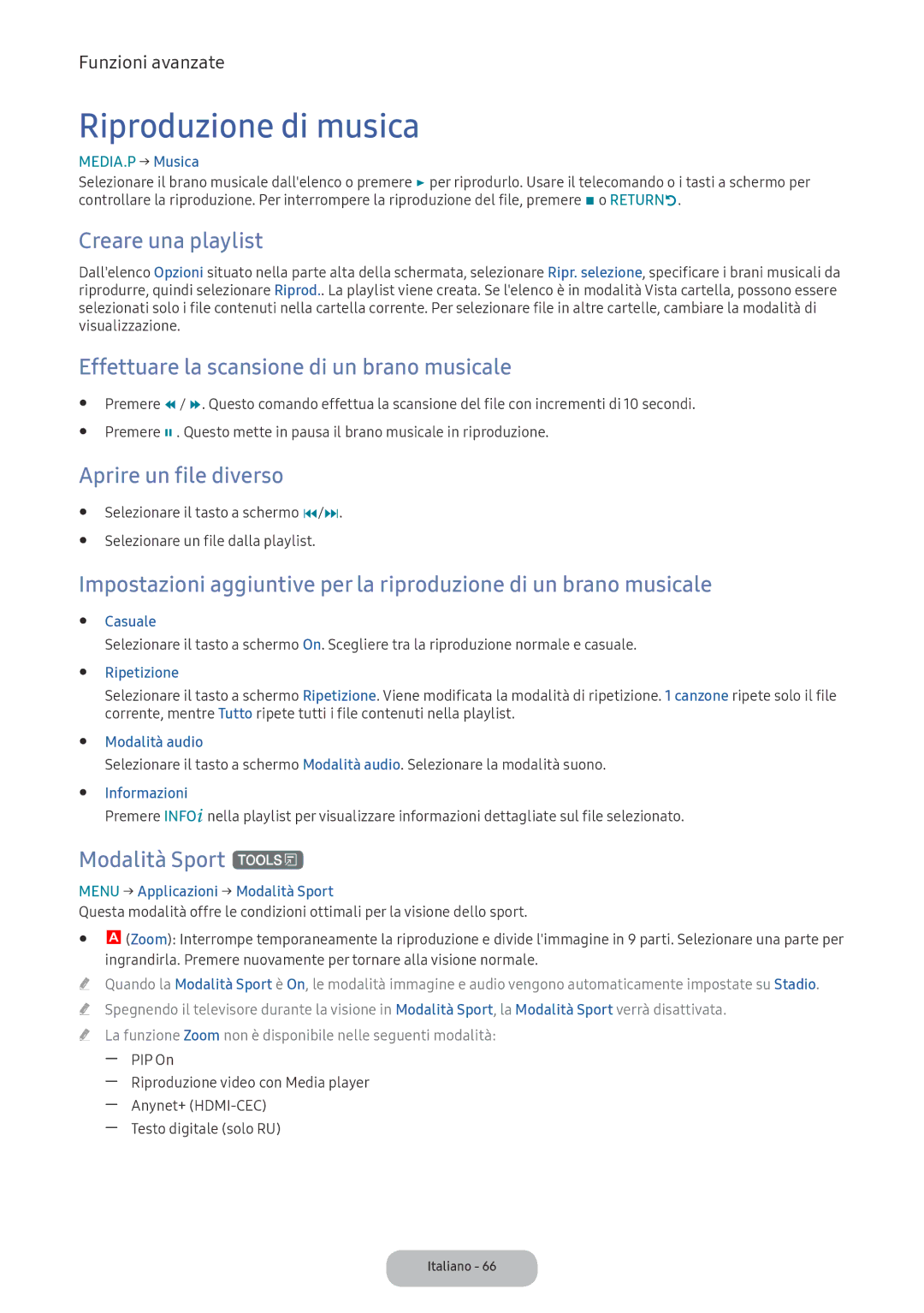 Samsung LV32F390FEWXEN manual Riproduzione di musica, Effettuare la scansione di un brano musicale, Modalità Sport t 