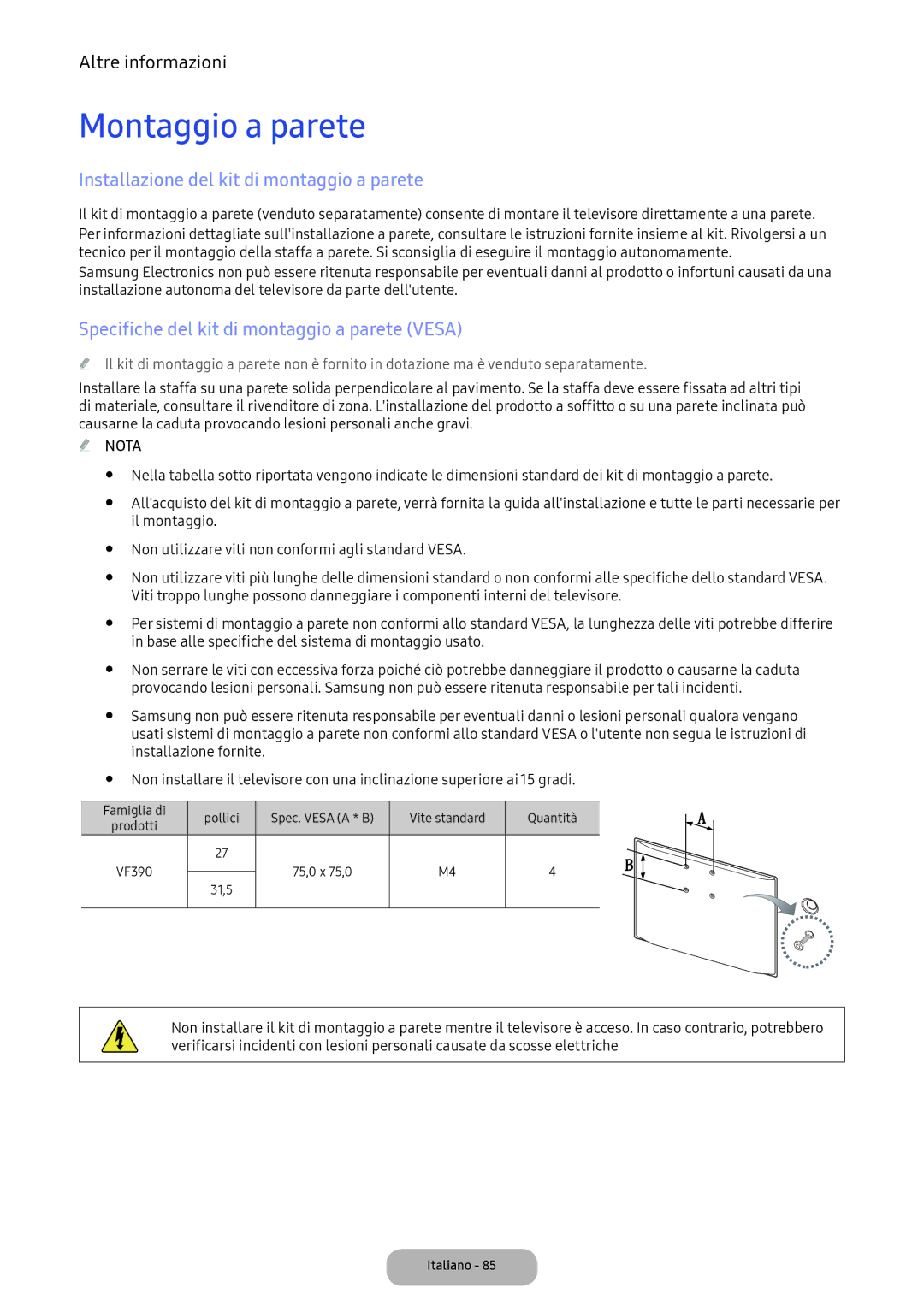 Samsung LV32F390FEIXEN, LV32F390FEWXEN, LV27F390FEIXEN manual Montaggio a parete, Installazione del kit di montaggio a parete 