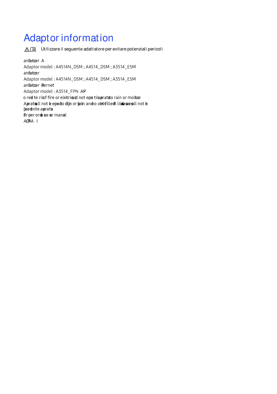 Samsung LV32F390FEIXEN, LV32F390FEWXEN, LV27F390FEIXEN manual Adaptor information, Atencion Solo Para USO EN Interiores 