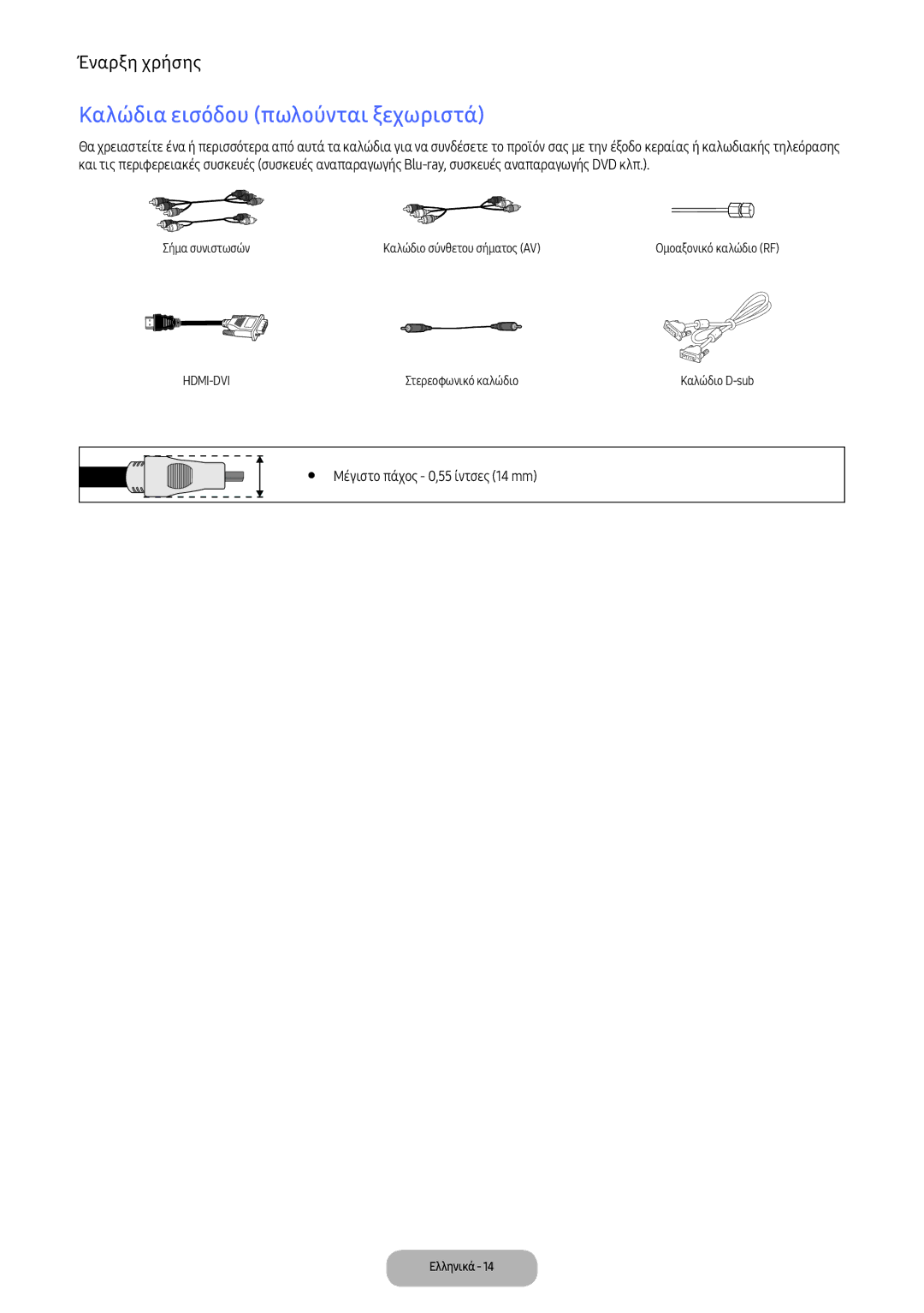 Samsung LV32F390FEWXEN, LV32F390FEXXEN manual Καλώδια εισόδου πωλούνται ξεχωριστά, Μέγιστο πάχος 0,55 ίντσες 14 mm 