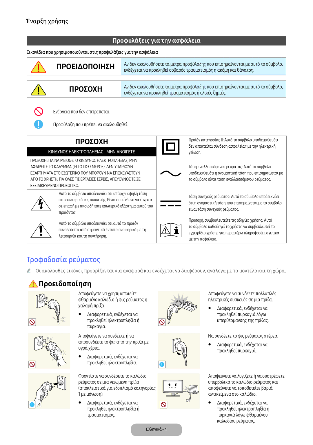 Samsung LV32F390FEWXEN, LV32F390FEXXEN manual Τροφοδοσία ρεύματος, Ενδέχεται να προκληθεί τραυματισμός ή υλικές ζημιές 