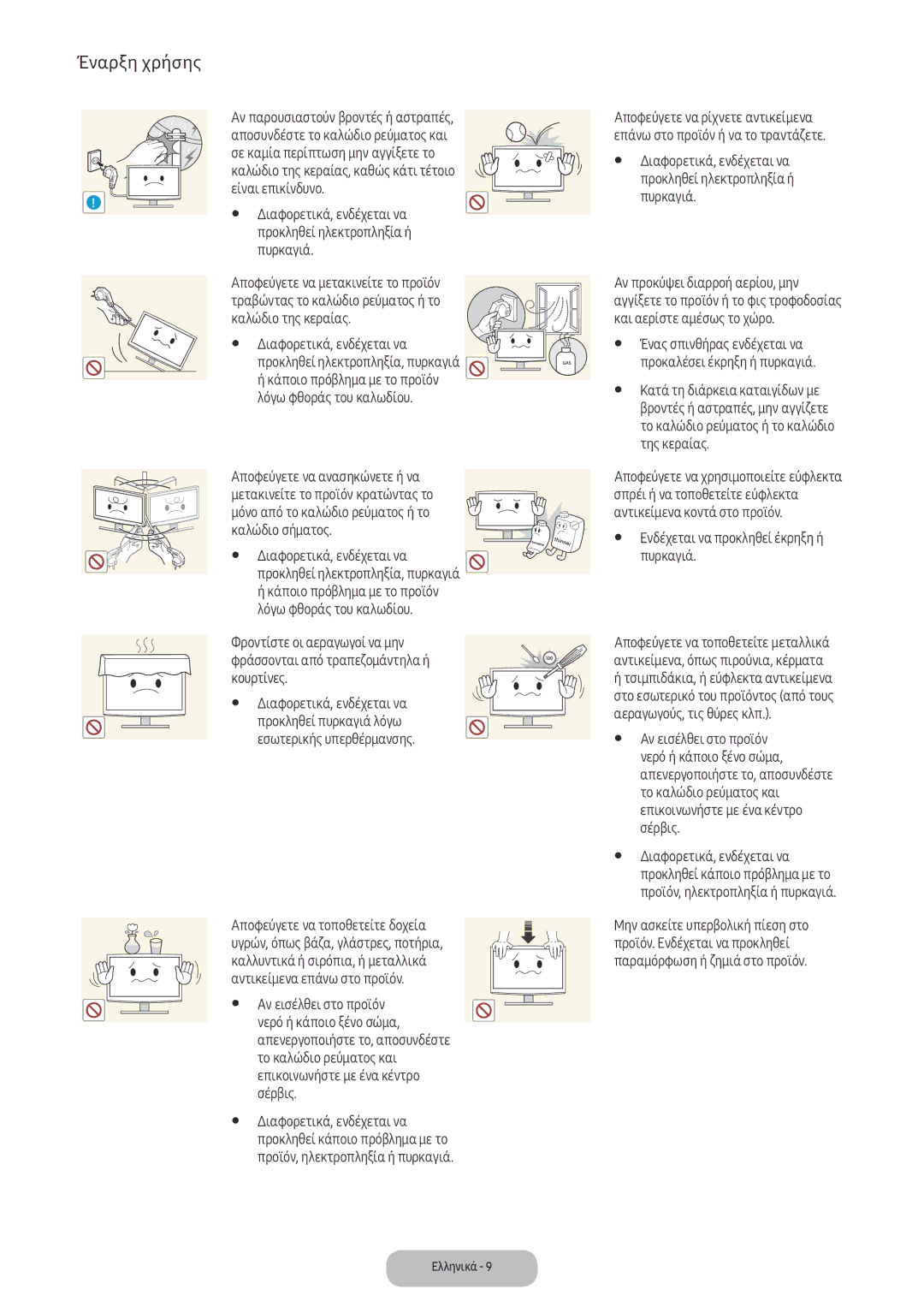 Samsung LV32F390FEXXEN manual Αν εισέλθει στο προϊόν, Νερό ή κάποιο ξένο σώμα, Το καλώδιο ρεύματος και, Της κεραίας 