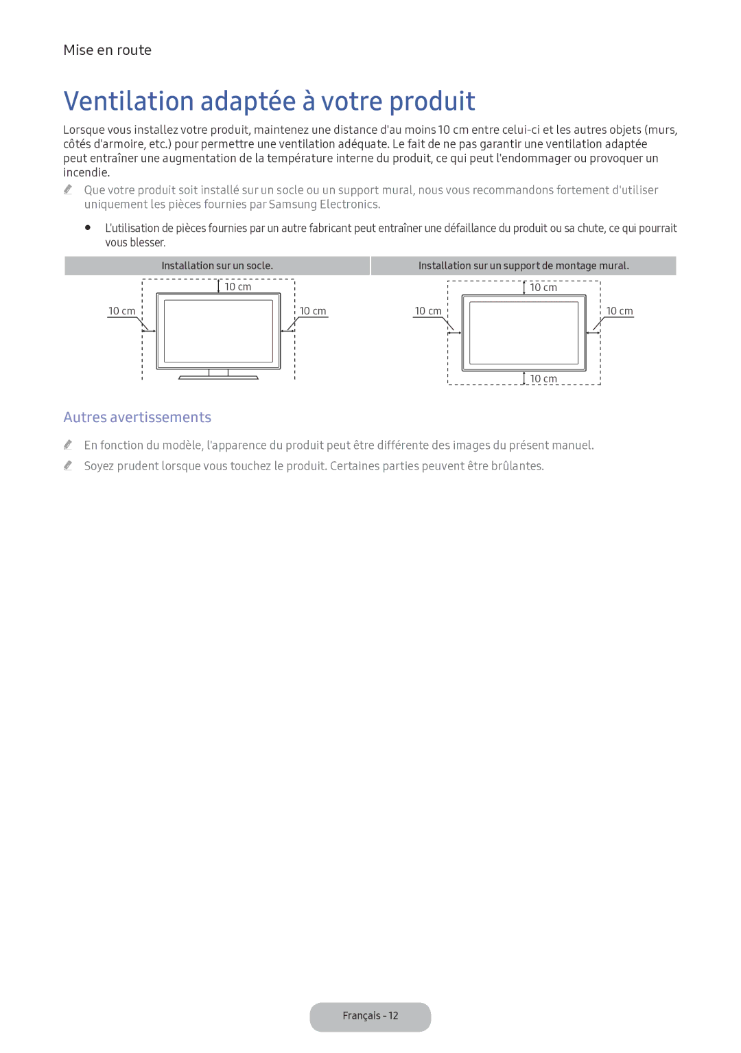 Samsung LV32F390FEXXEN manual Ventilation adaptée à votre produit, Autres avertissements 