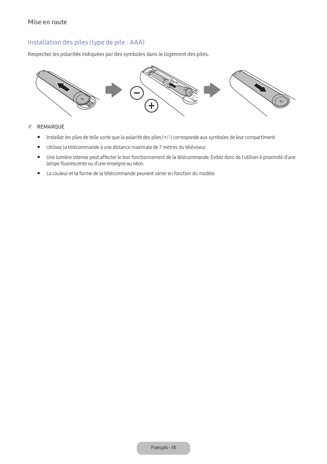 Samsung LV32F390FEXXEN manual Installation des piles type de pile AAA, Lampe fluorescente ou dune enseigne au néon 