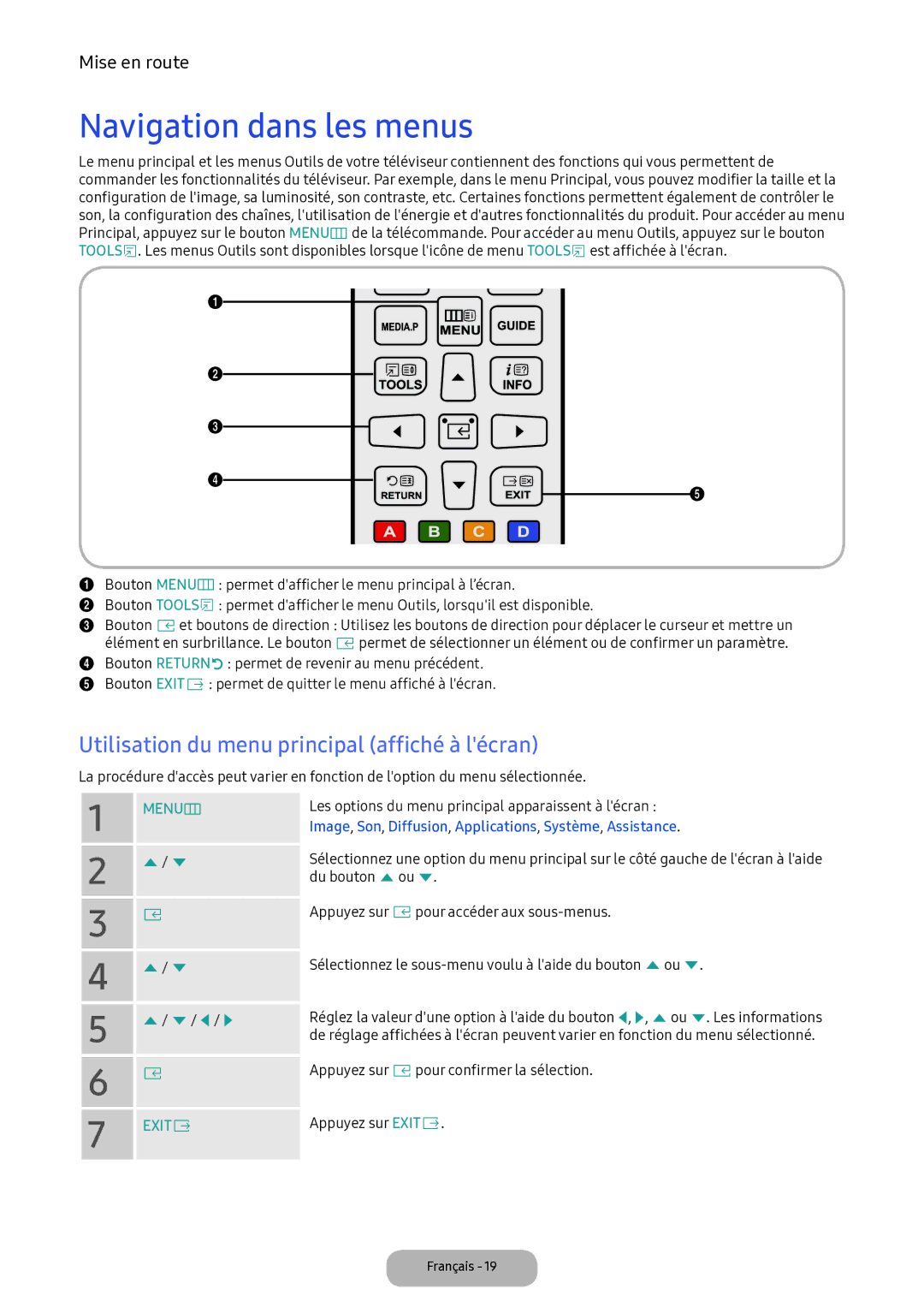 Samsung LV32F390FEXXEN manual Navigation dans les menus, Utilisation du menu principal affiché à lécran 