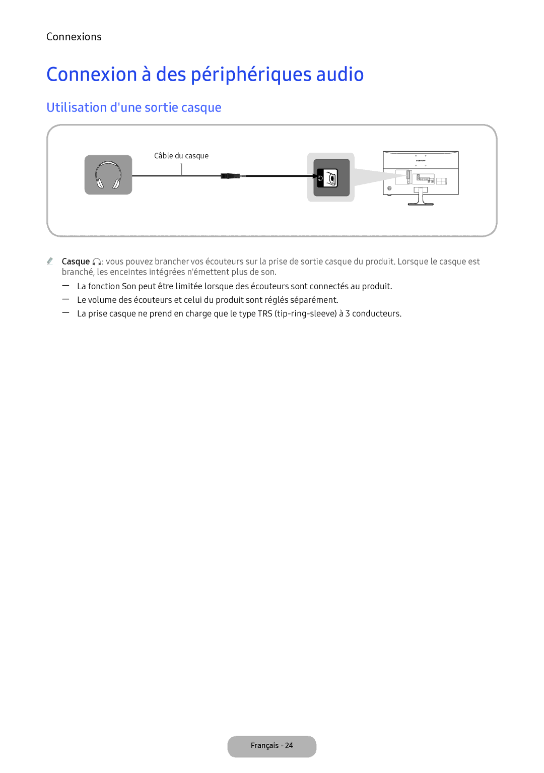 Samsung LV32F390FEXXEN manual Connexion à des périphériques audio, Utilisation dune sortie casque 