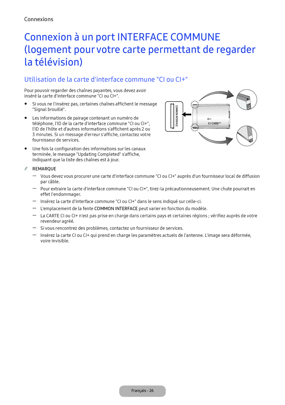 Samsung LV32F390FEXXEN manual Utilisation de la carte dinterface commune CI ou CI+ 