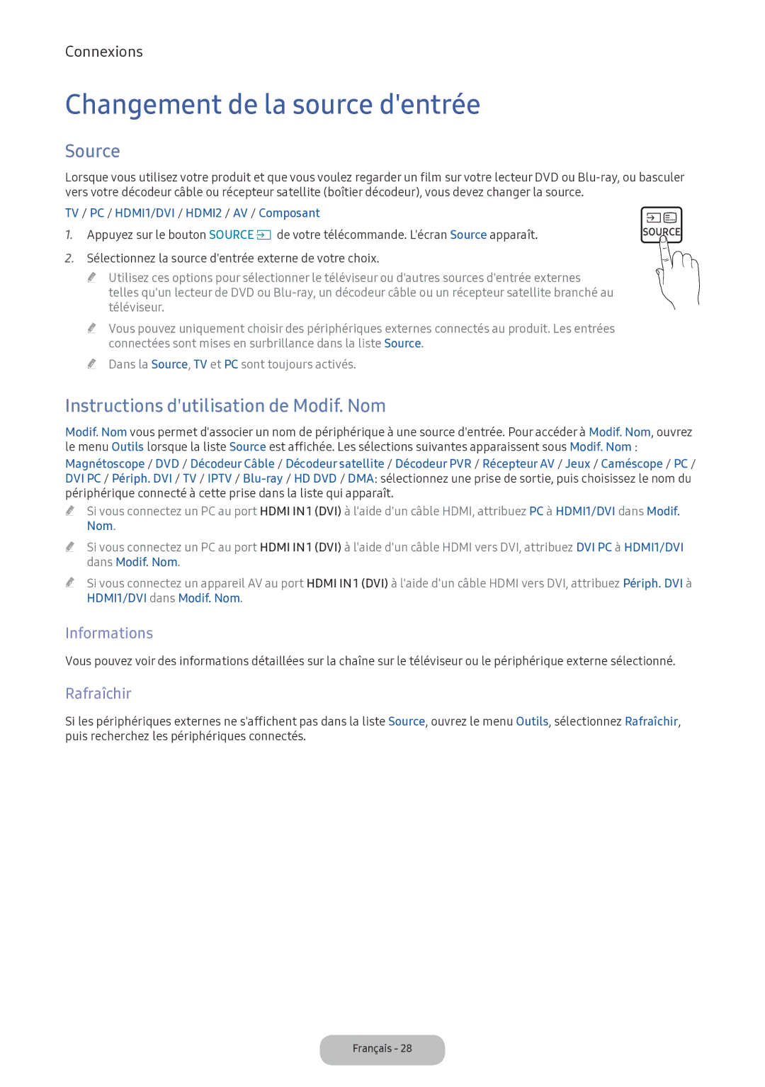 Samsung LV32F390FEXXEN Changement de la source dentrée, Source, Instructions dutilisation de Modif. Nom, Informations 