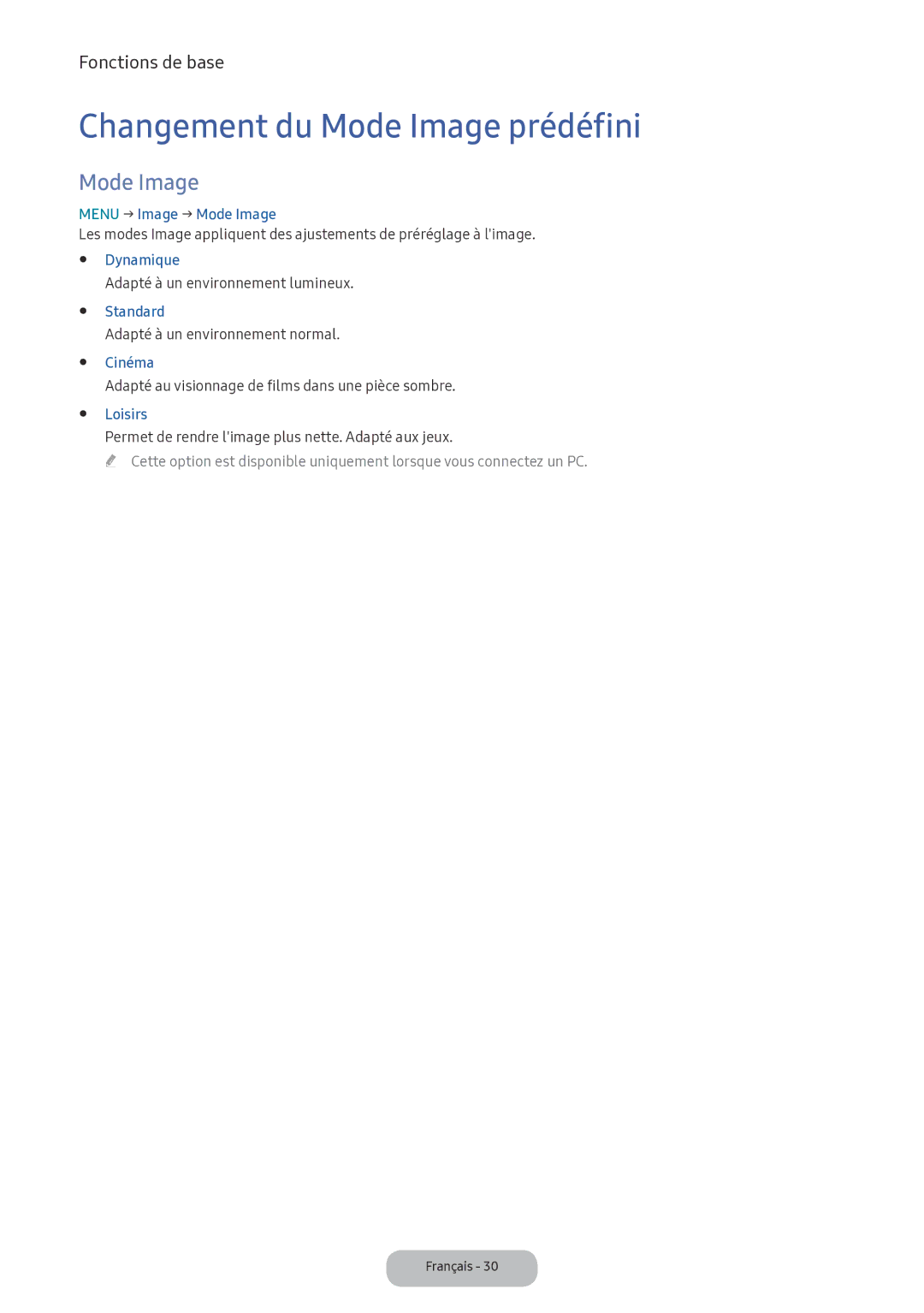 Samsung LV32F390FEXXEN manual Changement du Mode Image prédéfini 