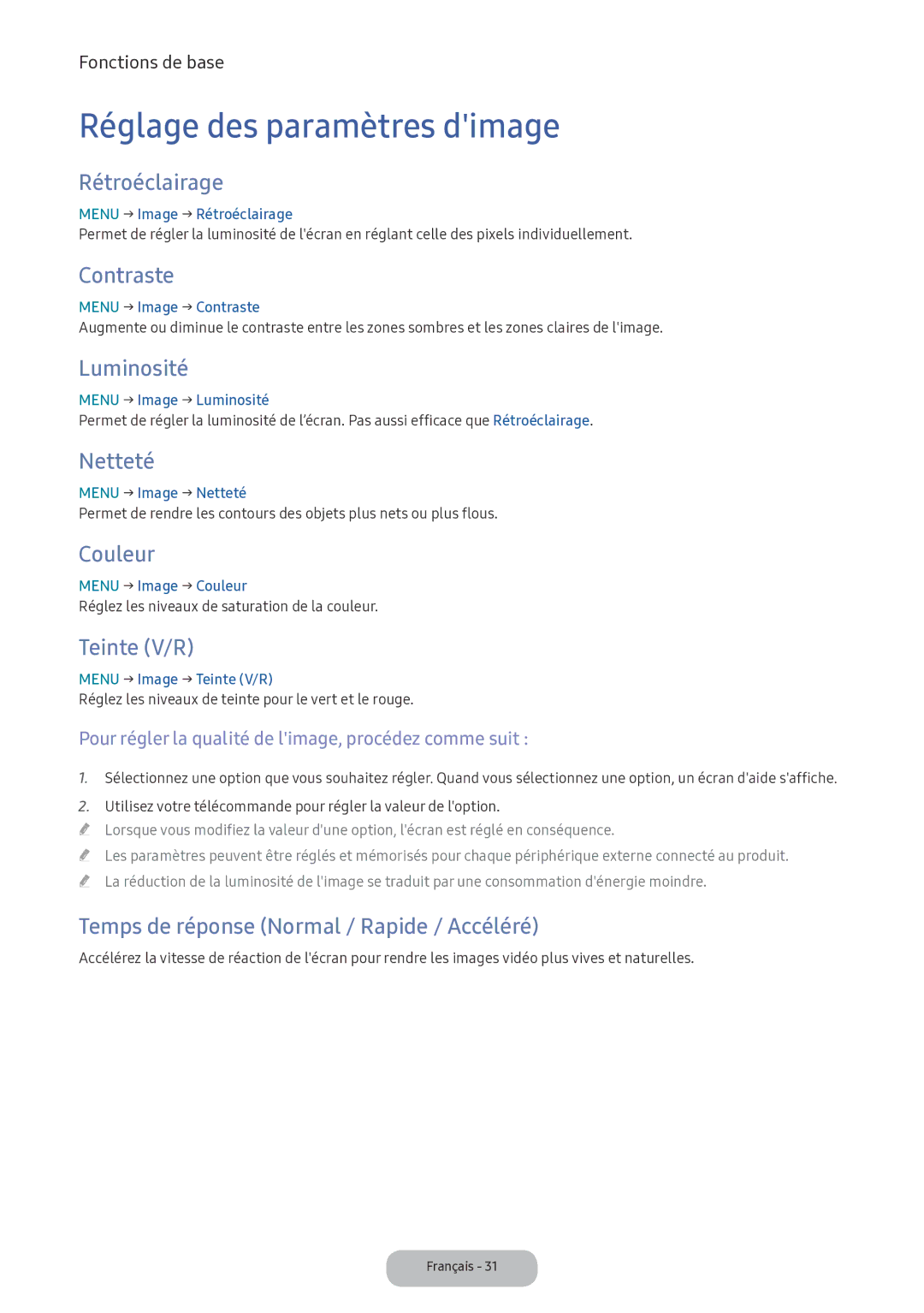 Samsung LV32F390FEXXEN manual Réglage des paramètres dimage 