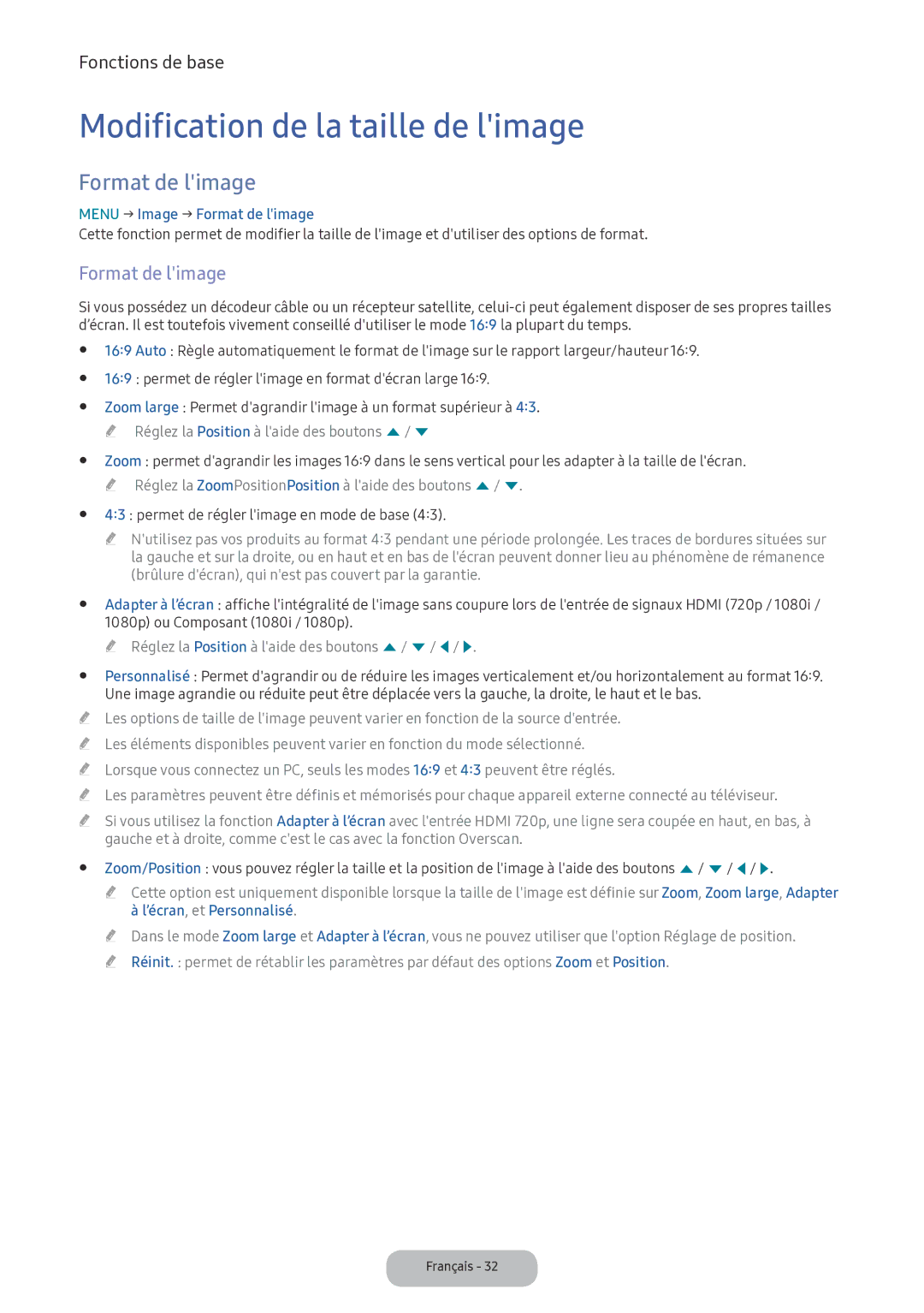 Samsung LV32F390FEXXEN manual Modification de la taille de limage, Menu → Image → Format de limage 