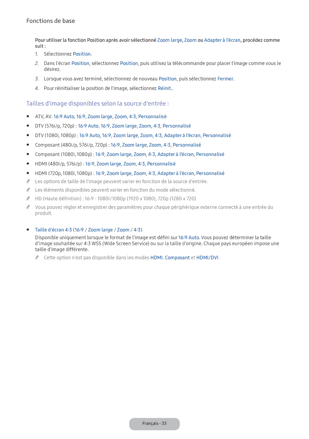 Samsung LV32F390FEXXEN manual Tailles dimage disponibles selon la source dentrée, Taille décran 43 169 / Zoom large / Zoom 