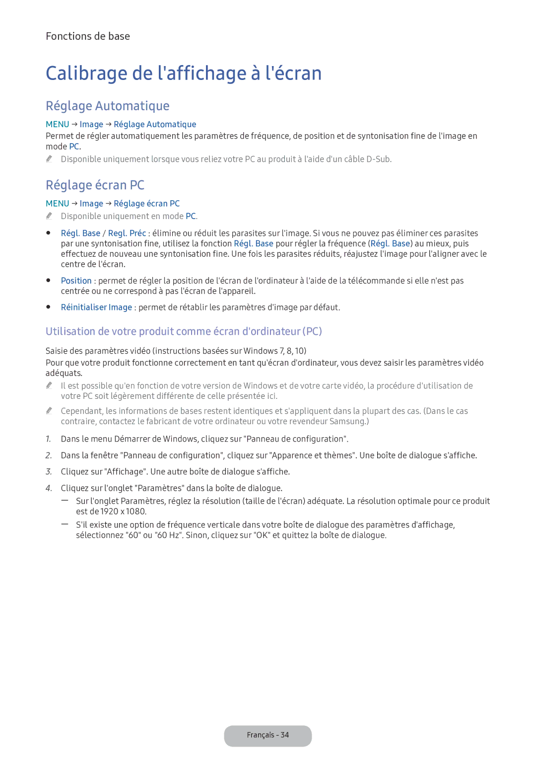 Samsung LV32F390FEXXEN manual Calibrage de laffichage à lécran, Réglage Automatique, Réglage écran PC 