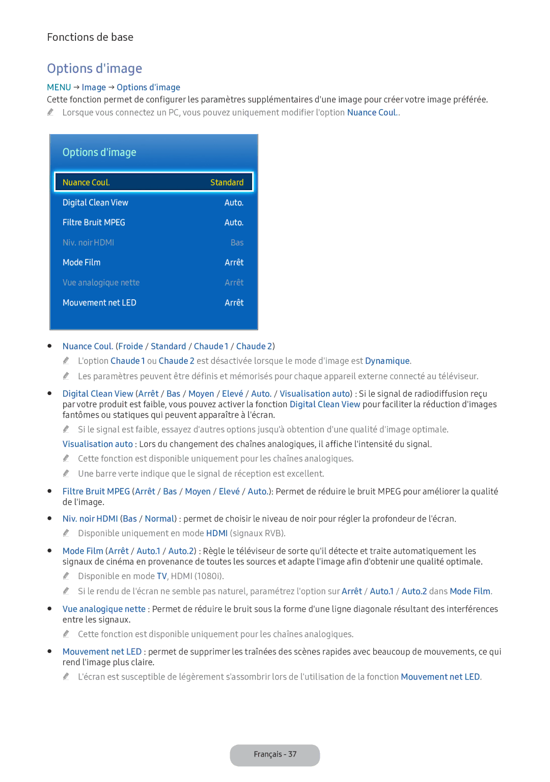 Samsung LV32F390FEXXEN manual Menu → Image → Options dimage, Nuance Coul. Froide / Standard / Chaude 1 / Chaude 