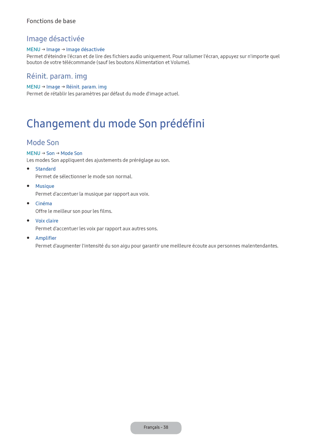 Samsung LV32F390FEXXEN manual Changement du mode Son prédéfini, Image désactivée, Réinit. param. img, Mode Son 