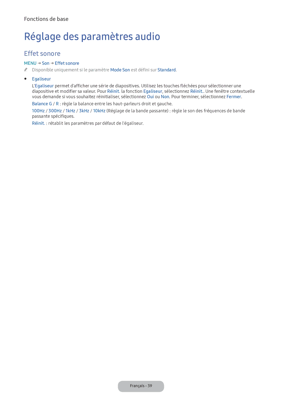 Samsung LV32F390FEXXEN manual Réglage des paramètres audio, Menu → Son → Effet sonore, Egaliseur 