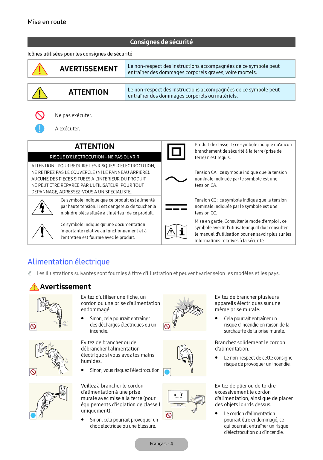 Samsung LV32F390FEXXEN manual Alimentation électrique, Entraîner des dommages corporels graves, voire mortels 