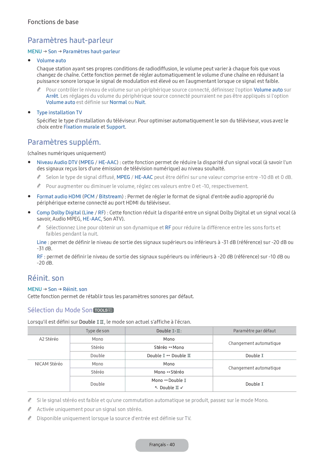 Samsung LV32F390FEXXEN manual Paramètres haut-parleur, Paramètres supplém, Réinit. son, Sélection du Mode Sont 