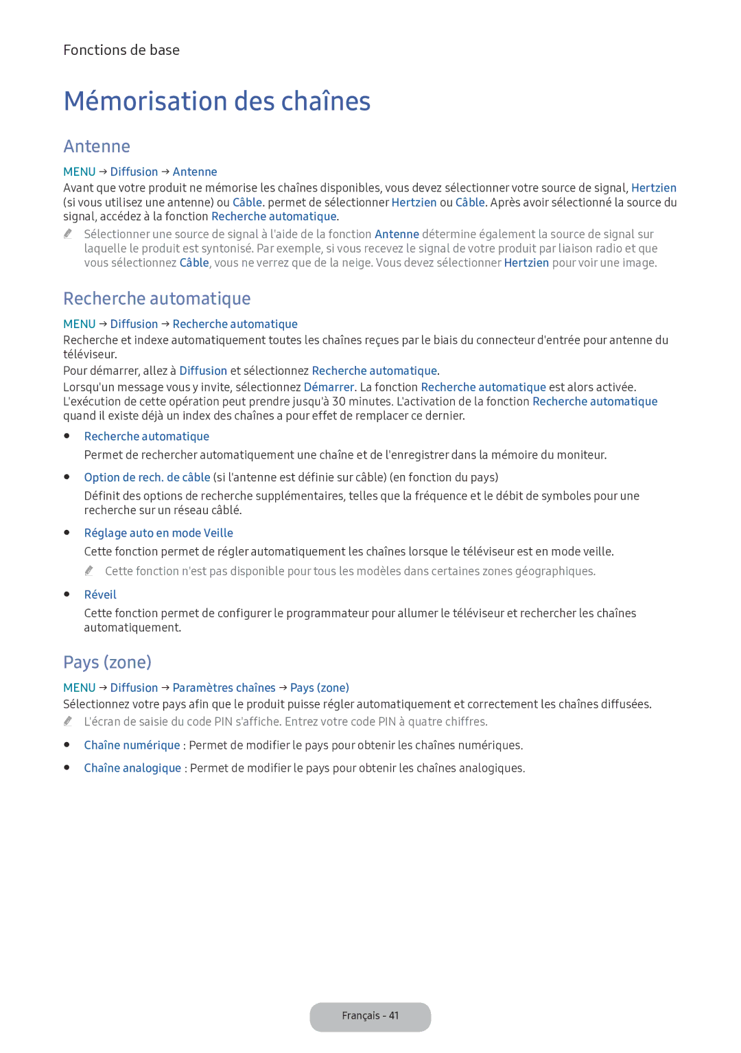 Samsung LV32F390FEXXEN manual Mémorisation des chaînes, Antenne, Recherche automatique, Pays zone 