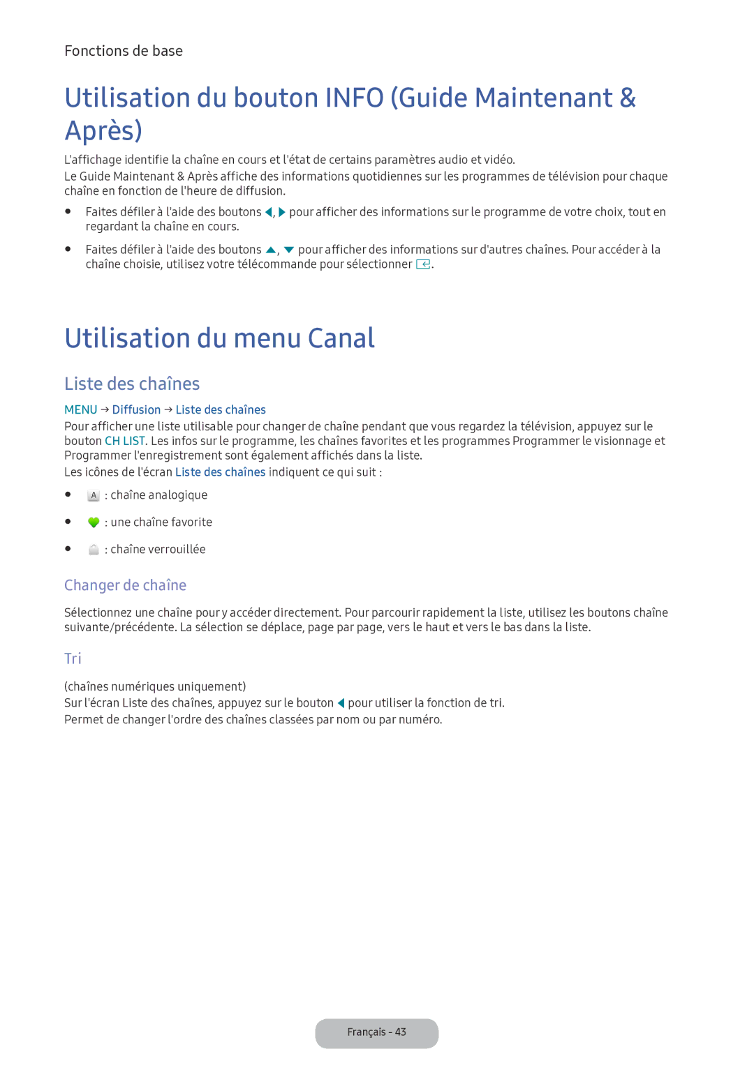 Samsung LV32F390FEXXEN Utilisation du bouton Info Guide Maintenant & Après, Utilisation du menu Canal, Liste des chaînes 