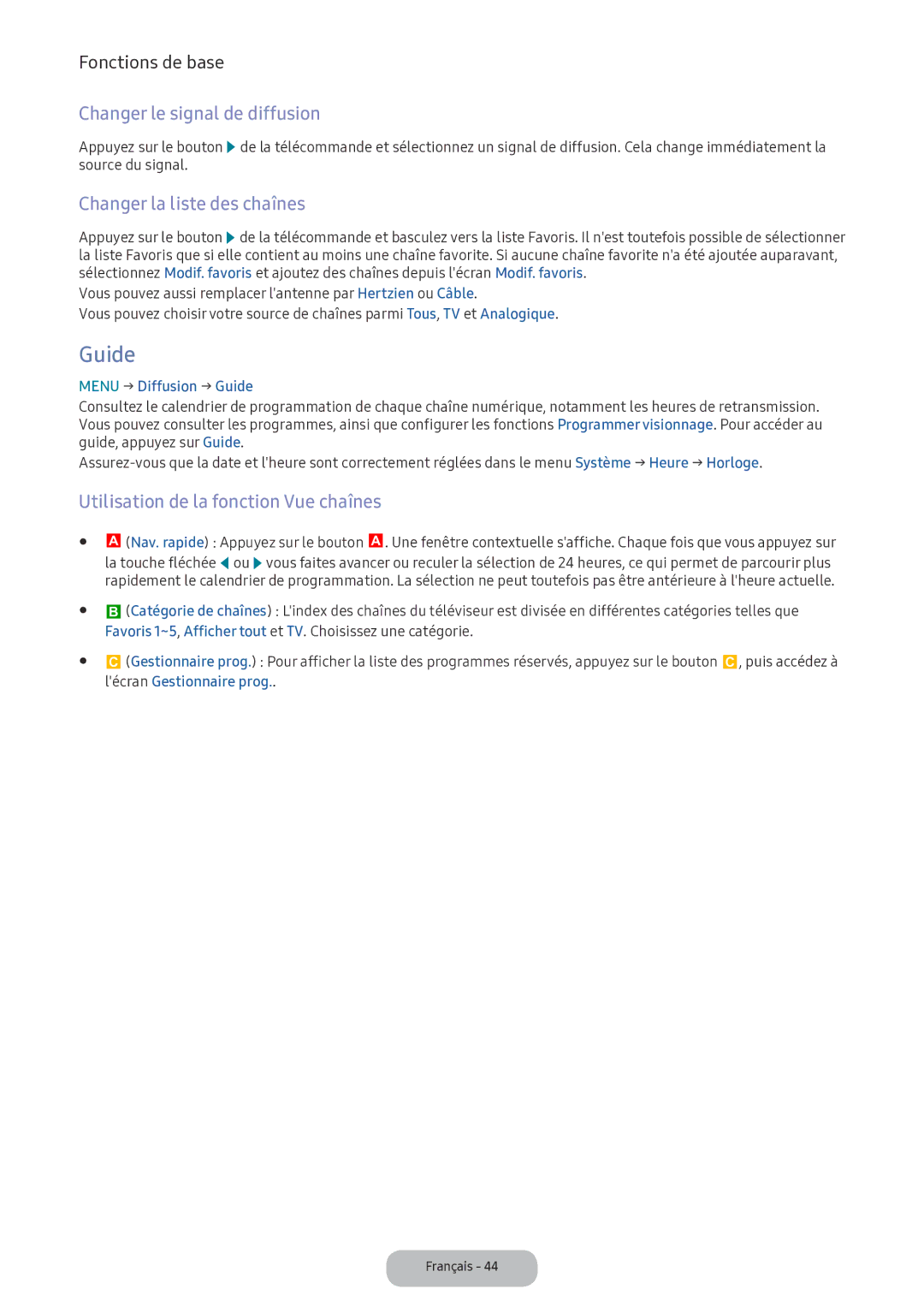 Samsung LV32F390FEXXEN manual Guide, Changer le signal de diffusion, Changer la liste des chaînes 