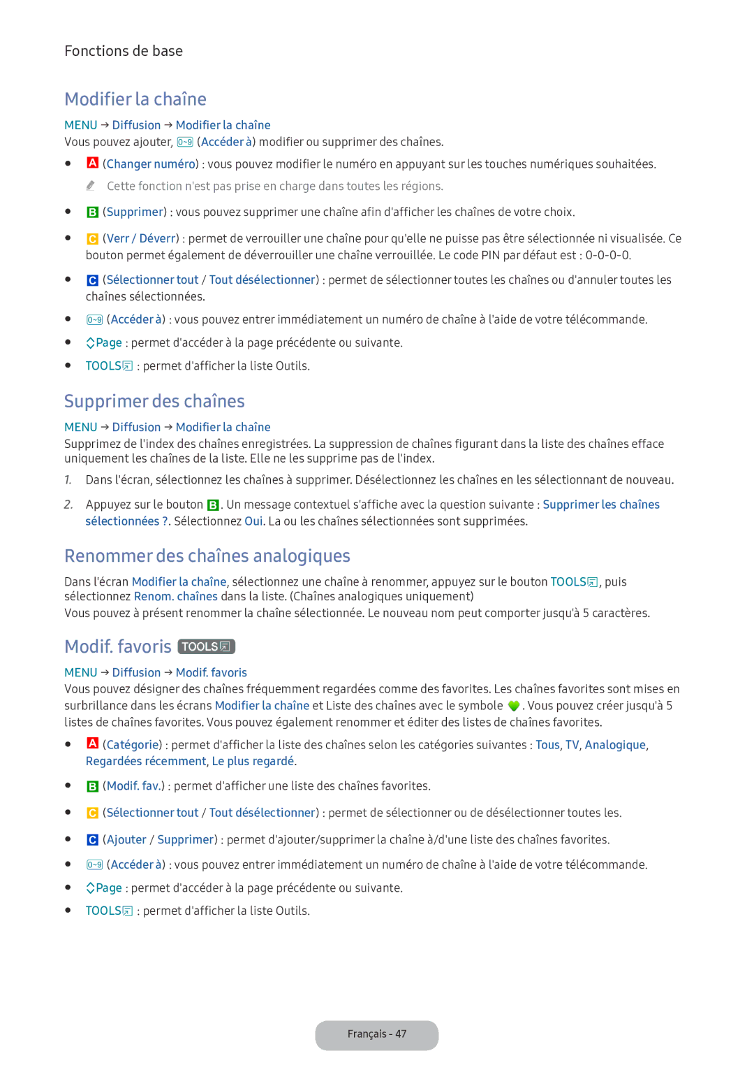Samsung LV32F390FEXXEN manual Modifier la chaîne, Supprimer des chaînes, Renommer des chaînes analogiques, Modif. favoris t 