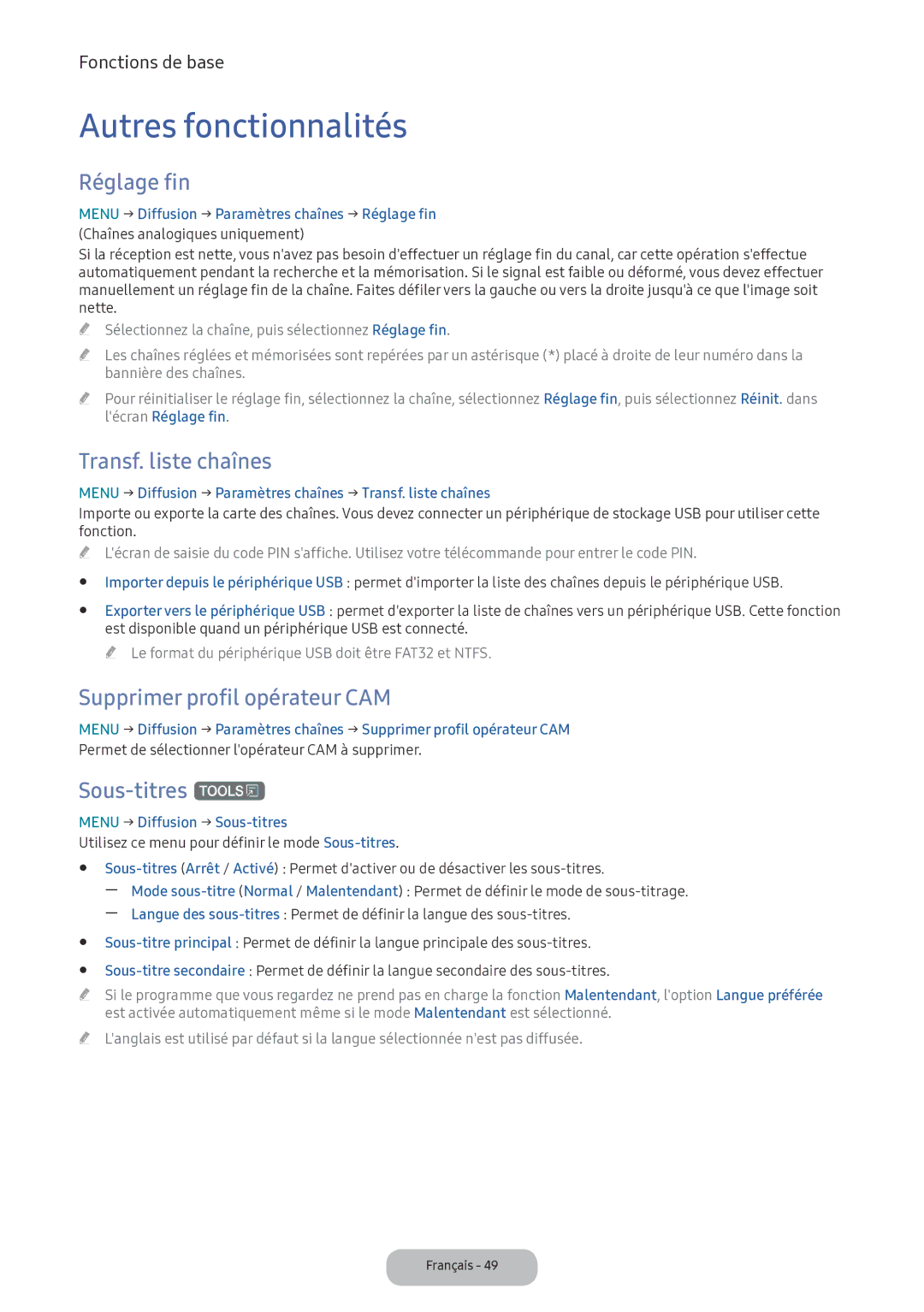 Samsung LV32F390FEXXEN manual Autres fonctionnalités, Réglage fin, Transf. liste chaînes, Supprimer profil opérateur CAM 