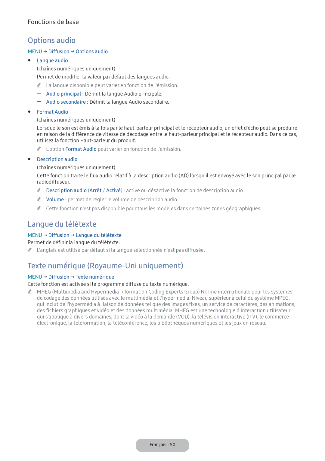 Samsung LV32F390FEXXEN manual Options audio, Langue du télétexte, Texte numérique Royaume-Uni uniquement 