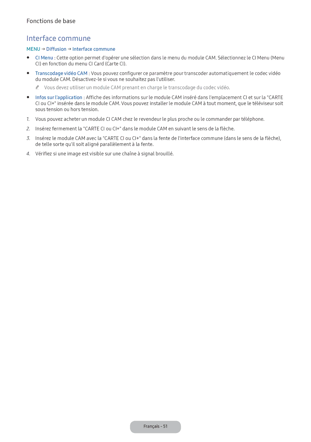 Samsung LV32F390FEXXEN manual Menu → Diffusion → Interface commune, CI en fonction du menu CI Card Carte CI 