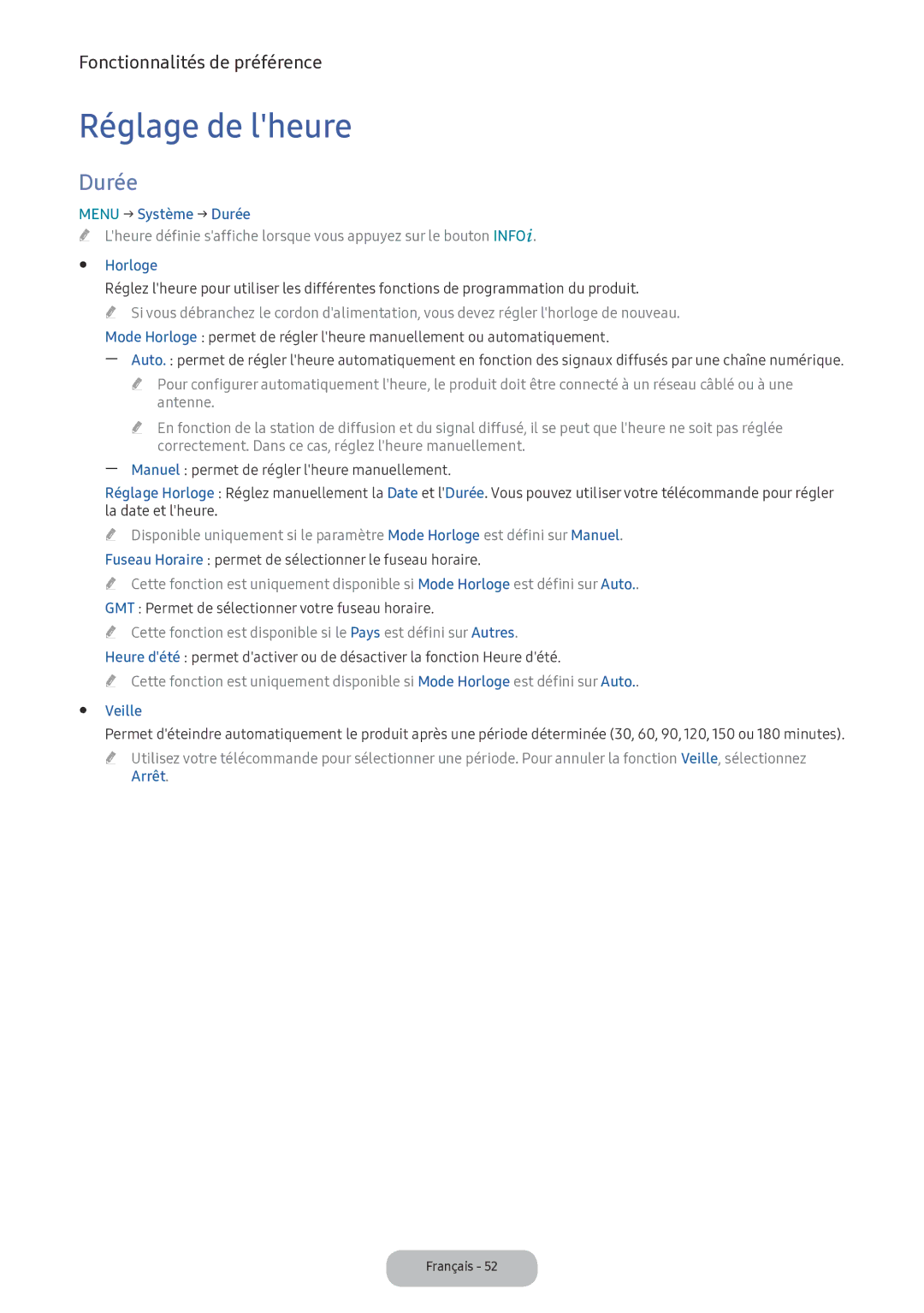 Samsung LV32F390FEXXEN manual Réglage de lheure, Menu → Système → Durée, Horloge, Veille 