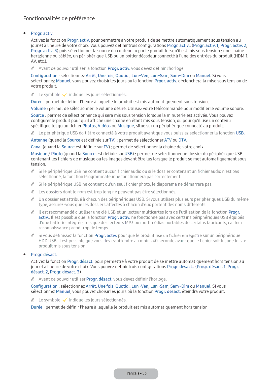 Samsung LV32F390FEXXEN manual Progr. activ, Progr. désact 