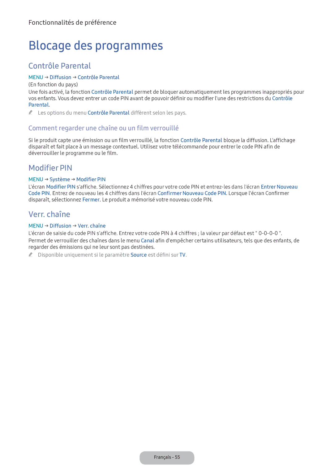 Samsung LV32F390FEXXEN manual Blocage des programmes, Contrôle Parental, Modifier PIN, Verr. chaîne 