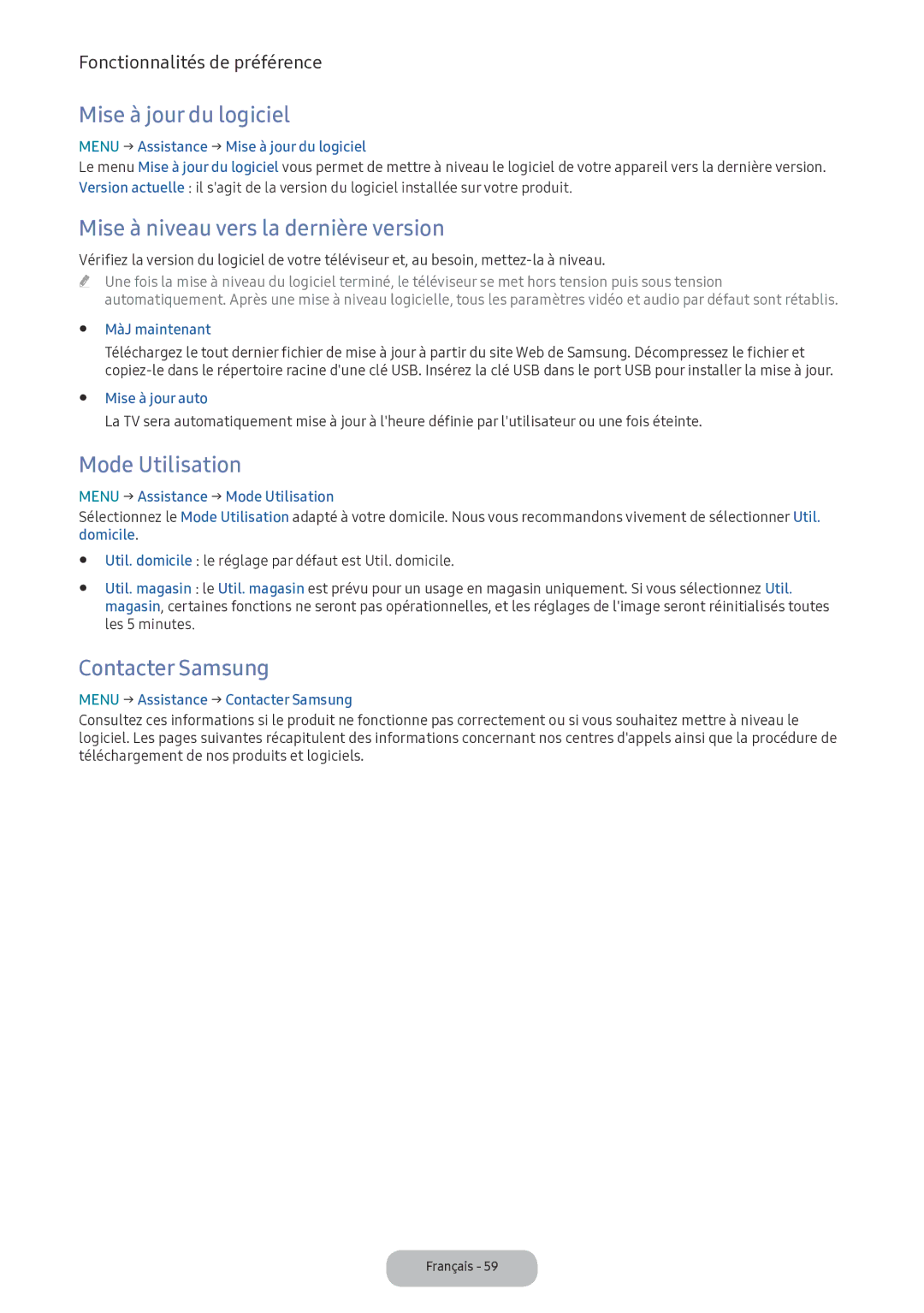Samsung LV32F390FEXXEN manual Mise à jour du logiciel, Mise à niveau vers la dernière version, Mode Utilisation 
